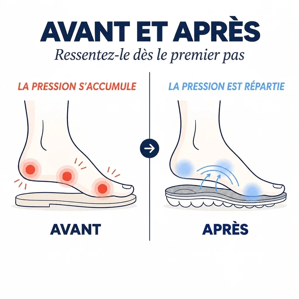 Schéma avant/après Youva Cloud, répartition de la pression sous le pied pour plus de confort